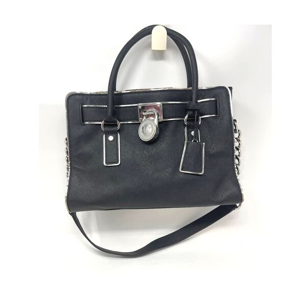 Michael Kors Hamilton Leather Black with Silver Trim Satchel Handbag Bag - Picture 1 of 14